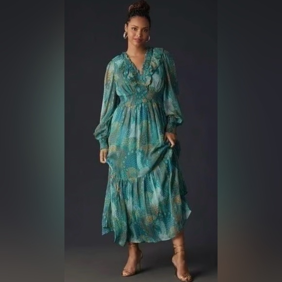 NEW Anthropologie The Odetta Ruffled V-Neck‎ Maxi LS flowy Dress Teal Size  M - Picture 17 of 17